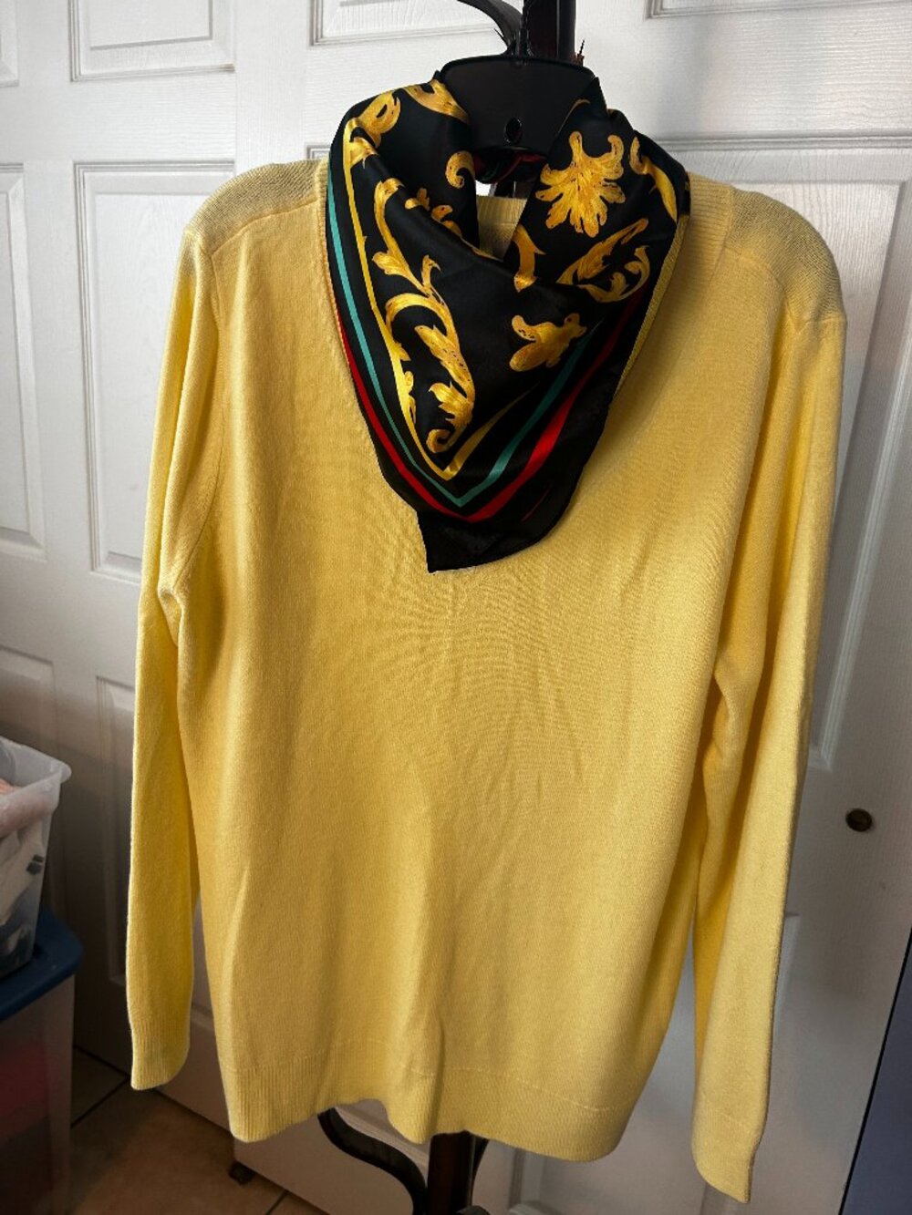 Croft & Barrow Yellow V-Neck Sweater Size XXL with Silk Multi Color Scarf